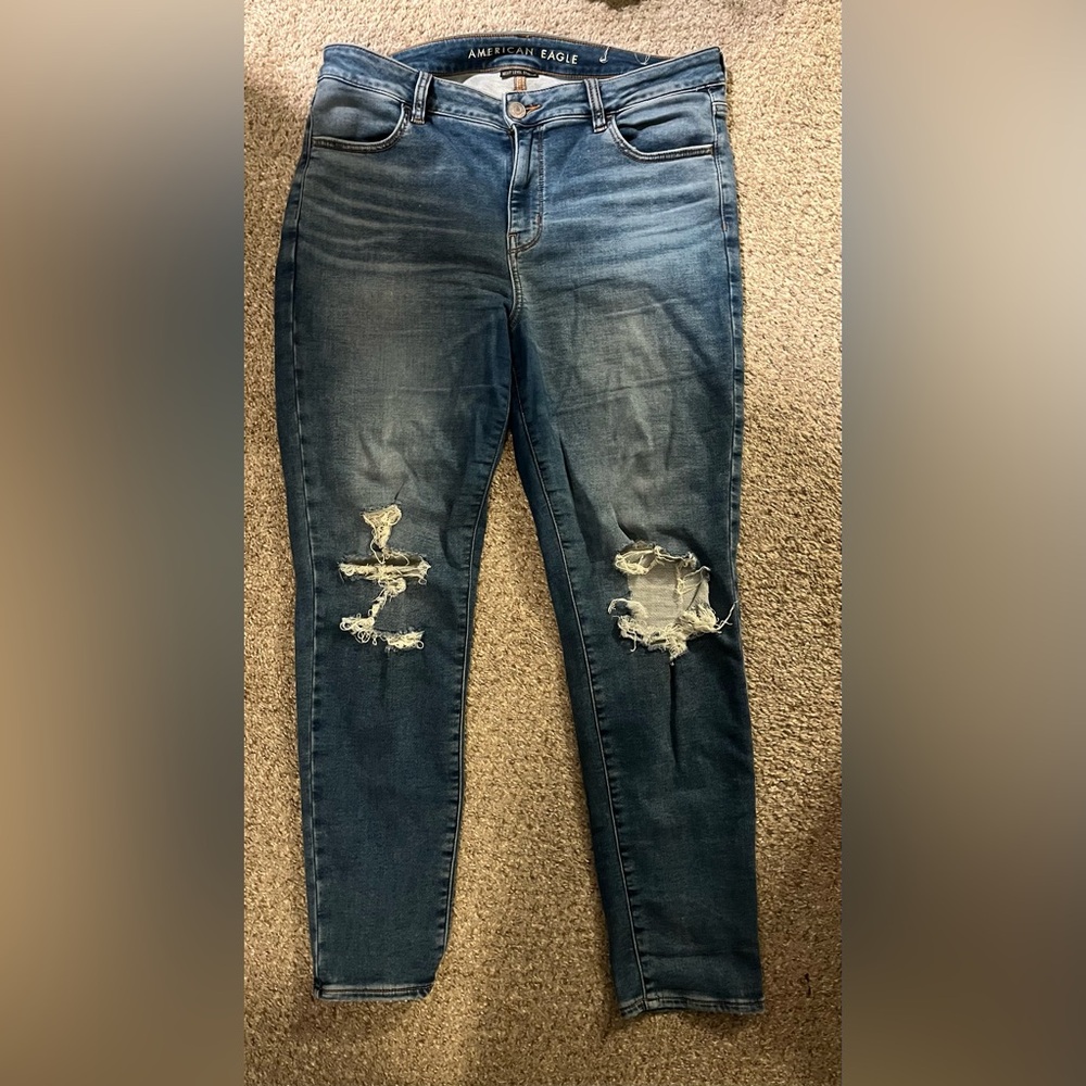 American Eagle Outfitters Blue Skinny Jeans with Distressed Details